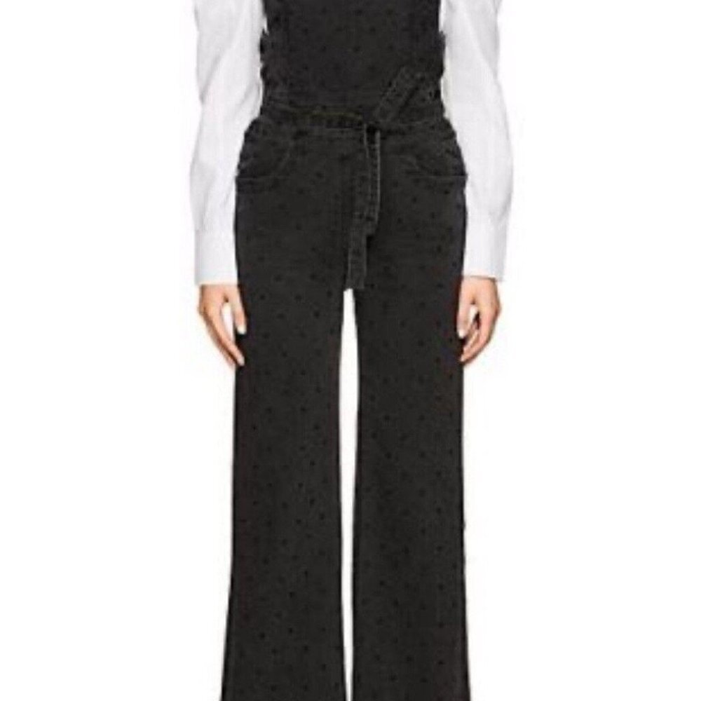 Ulla Johnson Womens Black Wide Leg Embroidered Polka Dots Denim Overalls 0